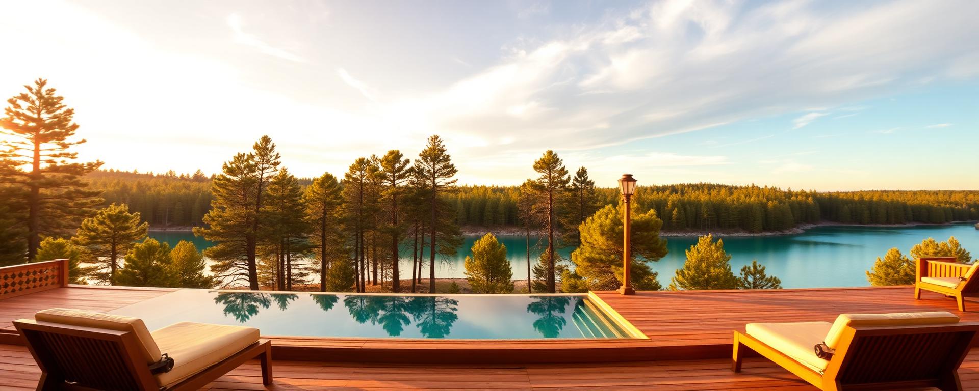 Luxury wooden lodge with terrace by a turquoise lake